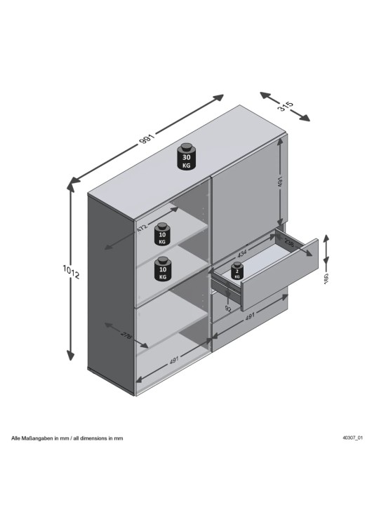 FMD Kaappi 3 laatikkoa ja ovea 99x31,5x101,2 cm sininen