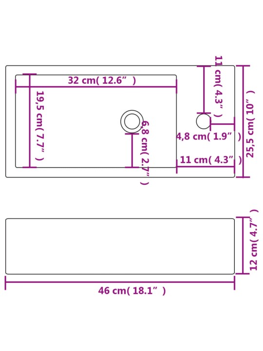 Suorakulmainen pesuallas hanareiällä 46x25,5x12 cm Valkoinen