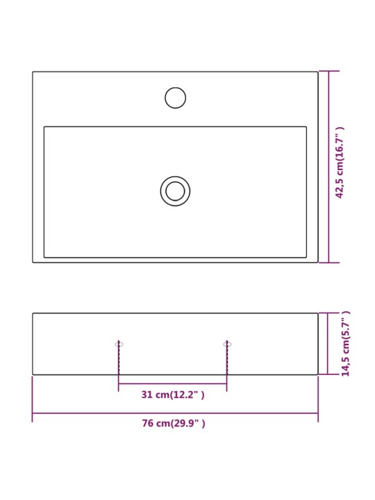 Keraaminen pesuallas hanareiällä 76x42,5x14,5 cm Valkoinen