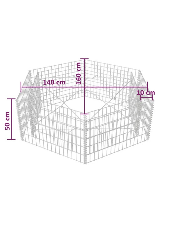 Korotettu kuusikulmainen gabion-/kivikorikehys 160x140x50 cm