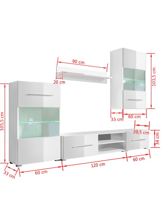 Viisiosainen TV-kalustekokonaisuus LED-valoilla Valkoinen