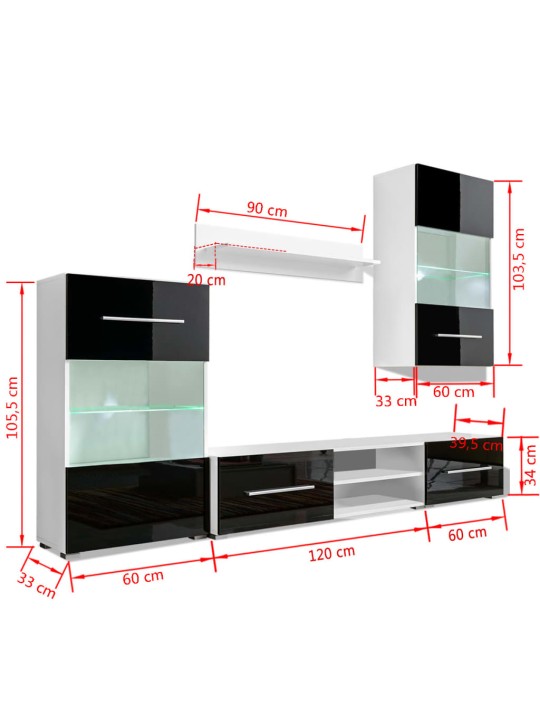 TV-kalustekokonaisuus LED-valoilla 5 osaa musta