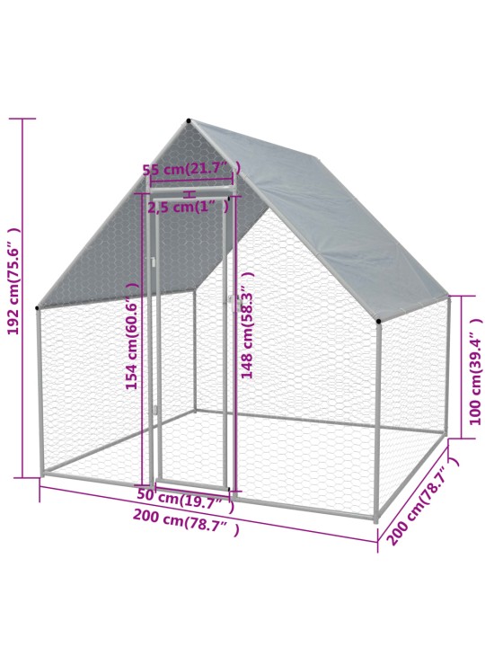 Ulkotilan kanahäkki galvanoitu teräs 2x2x1,92 m