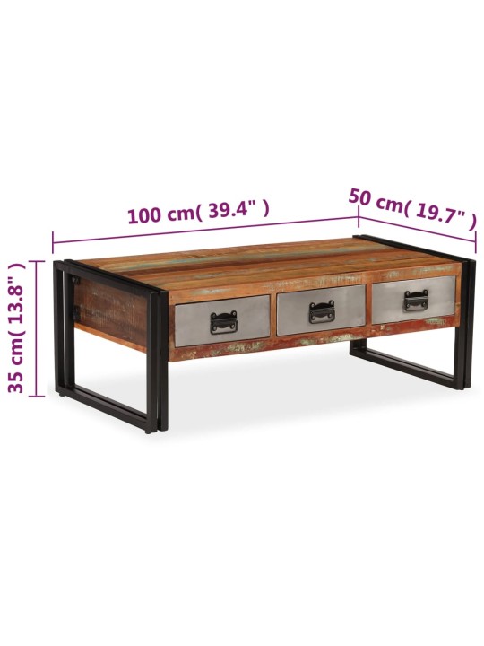 Sohvapöytä 3 vetolaatikolla kierrätyspuu 100x50x35 cm