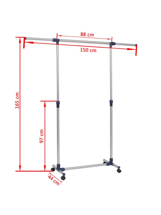 Säädettävä vaatetanko ruostumaton teräs 165x44x150 cm hopea