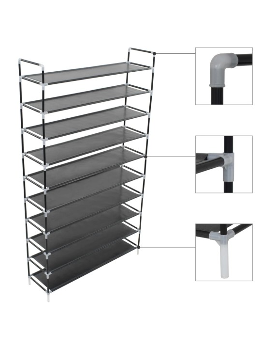 Kenkäteline 10:llä hyllyllä Metalli ja kuitukangas musta