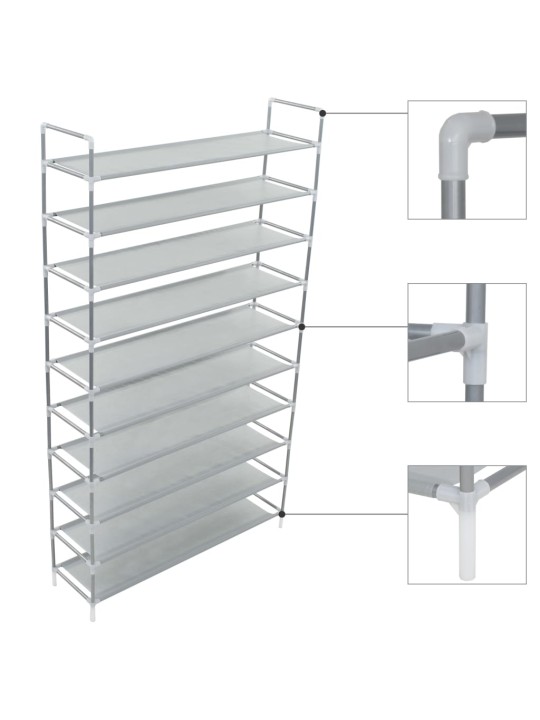 Kenkäteline 10 hyllyllä metalli ja kuitukangas hopea