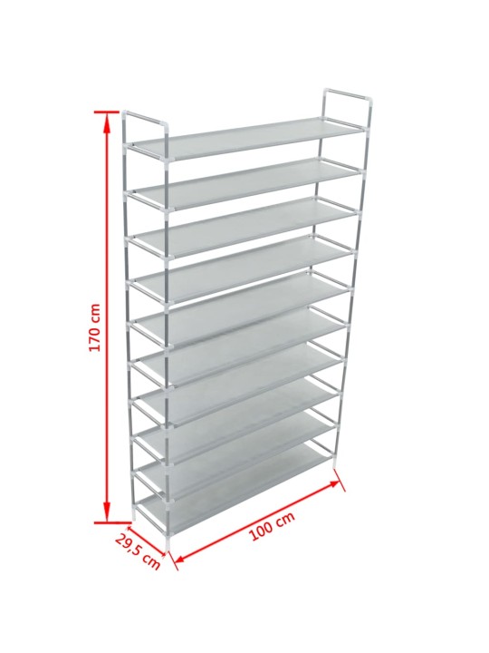 Kenkäteline 10 hyllyllä metalli ja kuitukangas hopea