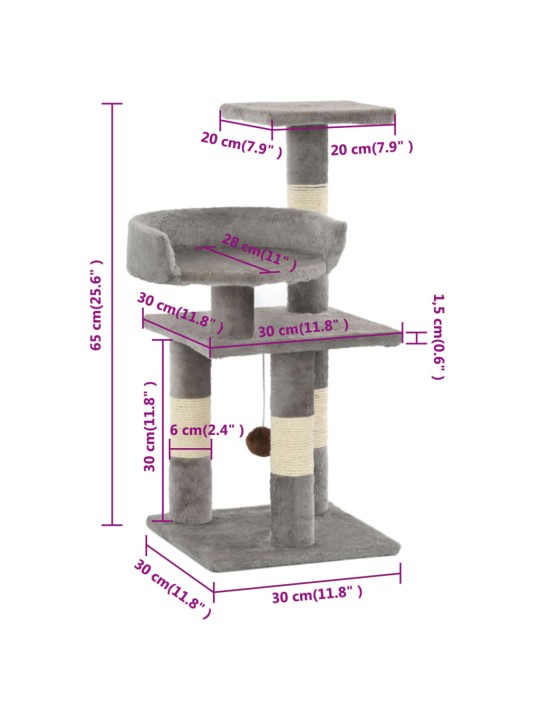 Kissan kiipeilypuu sisal-pylväillä 65 cm harmaa