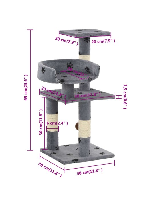 Kissan kiipeilypuu sisal-pylväillä 65 cm tassukuvio harmaa