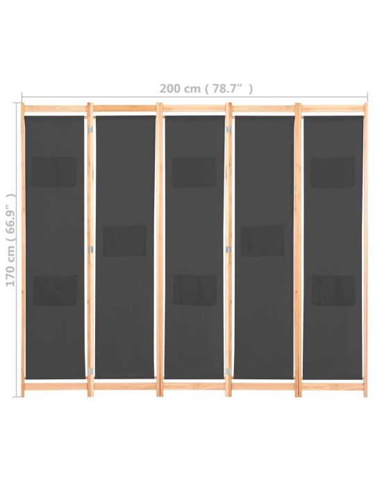 5-Paneelinen Tilanjakaja harmaa 200x170x4 cm kangas