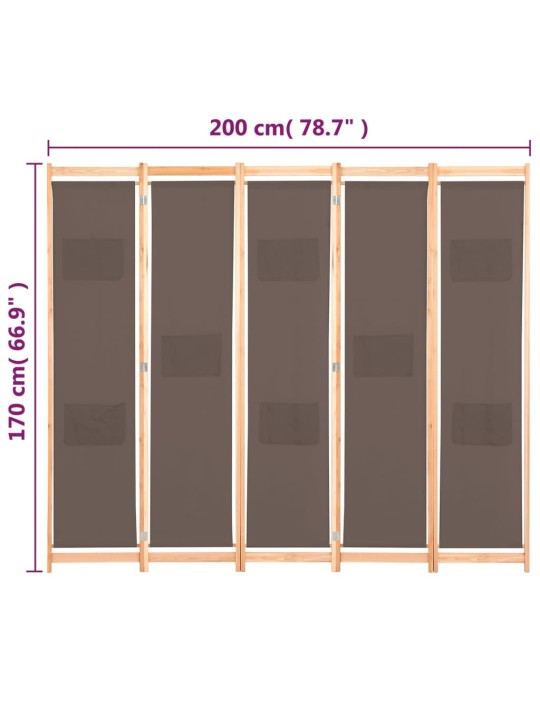 5-Paneelinen Tilanjakaja ruskea 200x170x4 cm kangas