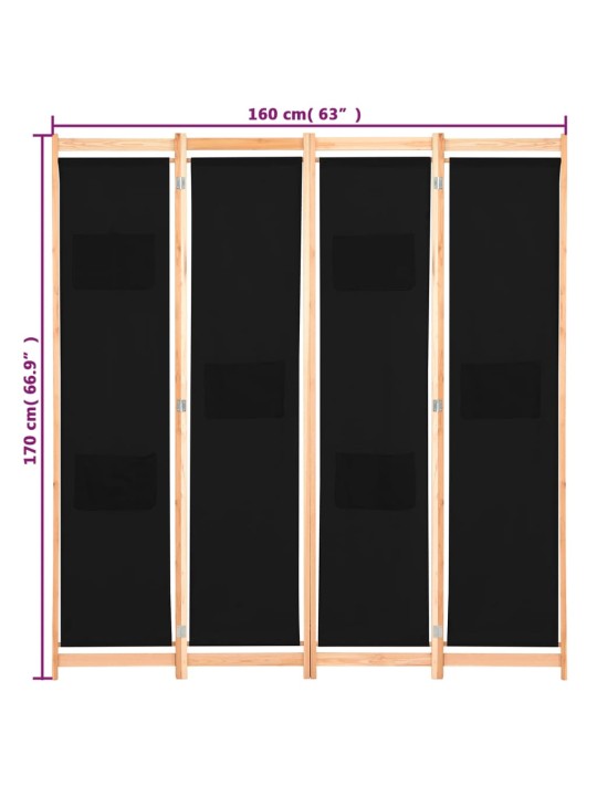 4-Paneelinen Tilanjakaja musta 160x170x4 cm kangas