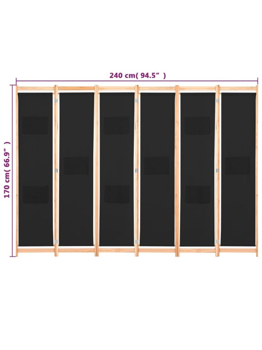 6-Paneelinen Tilanjakaja musta 240x170x4 cm kangas
