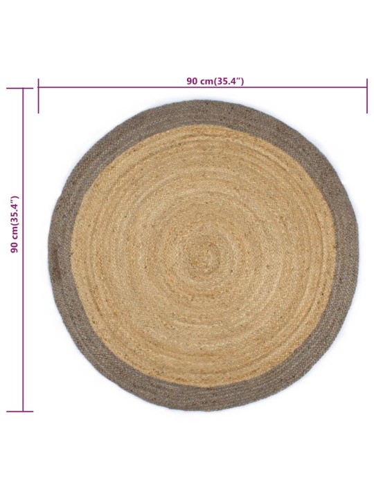 Käsintehty pyöreä juuttimatto harmaalla reunalla 90 cm