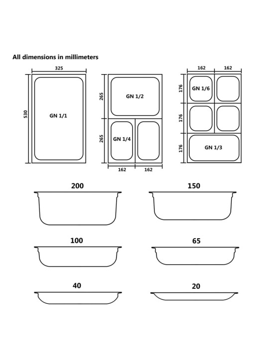 Ruokavuoat 4 kpl GN 1/1 20 mm ruostumaton teräs