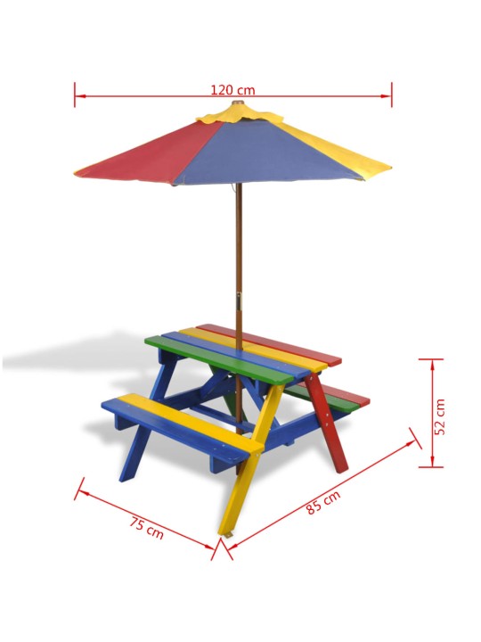 Lasten piknikpöytä penkeillä ja aurinkovarjolla monivärinen puu