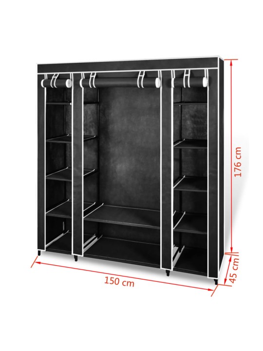 Vaatekaappi lokeroilla ja tangoilla kangas 45x150x176 cm musta