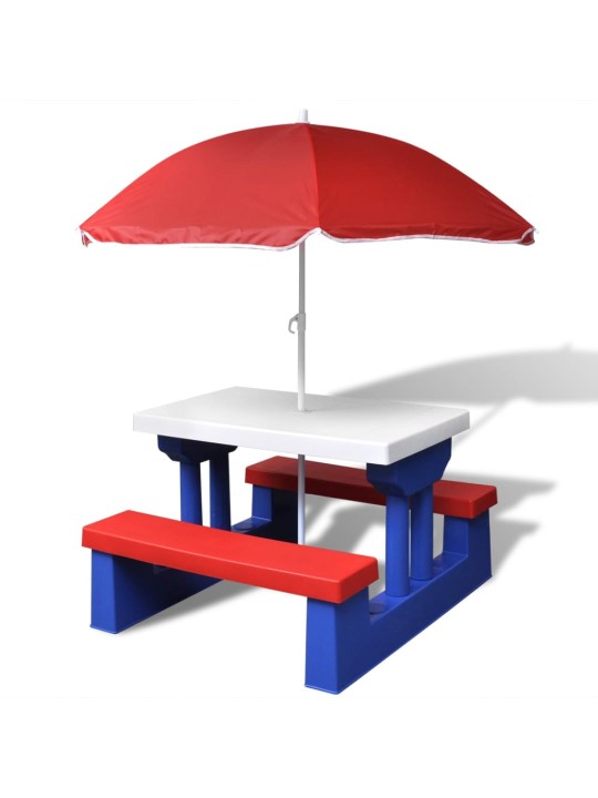 Lasten piknikpöytä penkeillä ja aurinkovarjolla monivärinen