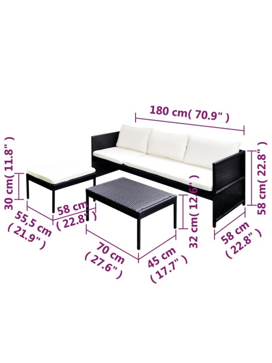 3-osainen Puutarhasohvasarja tyynyillä polyrottinki musta