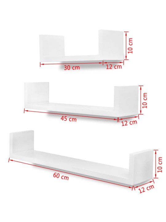 Seinähylly kirjoille/DVD-levyille 3 kpl U-muoto MDF valkoinen