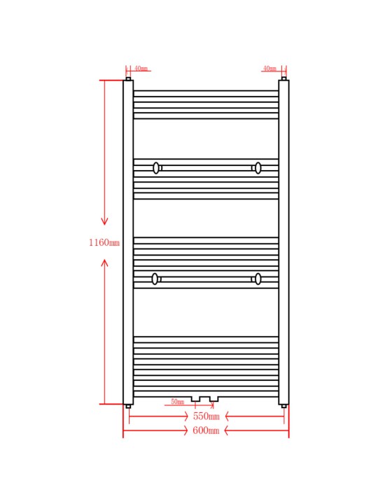 Kylpyhuoneen keskuslämmityspyyheteline harmaa suora 600 x 1160 mm