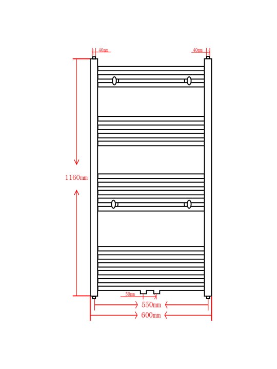 Kylpyhuoneen keskuslämmityspyyheteline musta suora 600 x 1160 mm