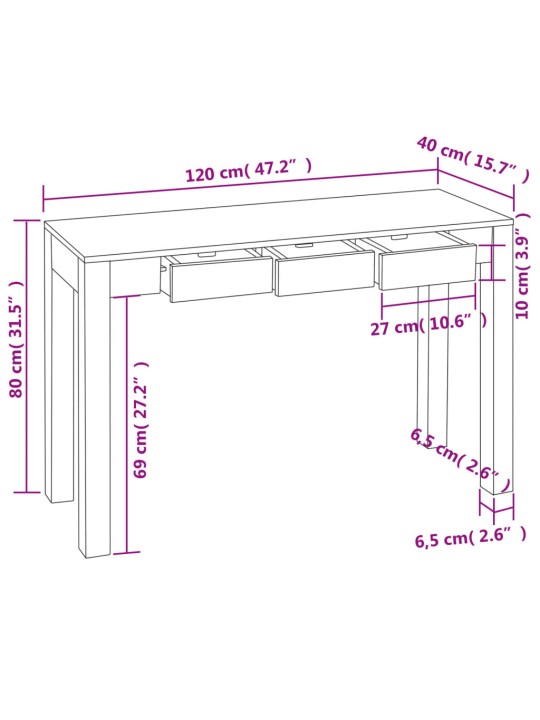 Konsolipöytä 3 laatikolla 80 cm kiinteä seesampuu