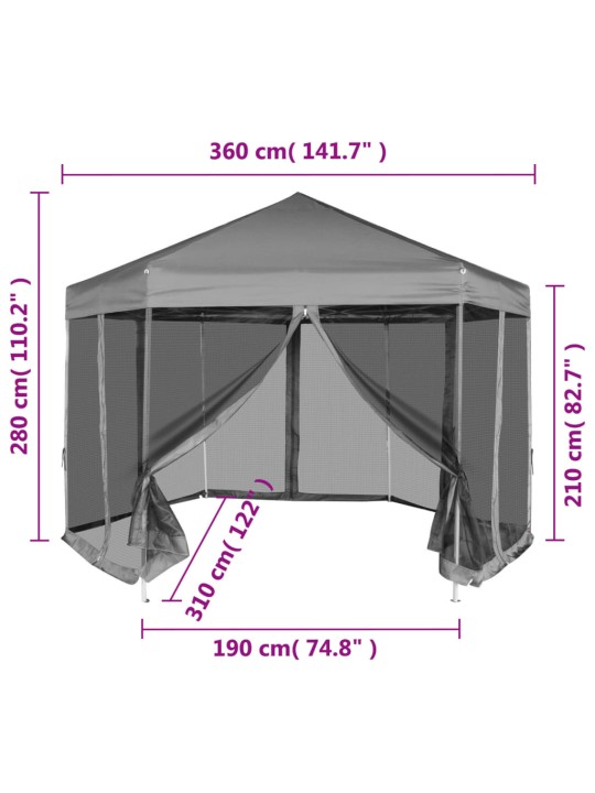 Kuusikulmainen pop-up juhlateltta 6 seinää Harmaa 3,6x3,1 m