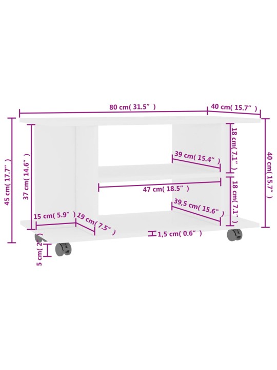 TV-taso rullapyörillä valkoinen 80x40x45 cm tekninen puu