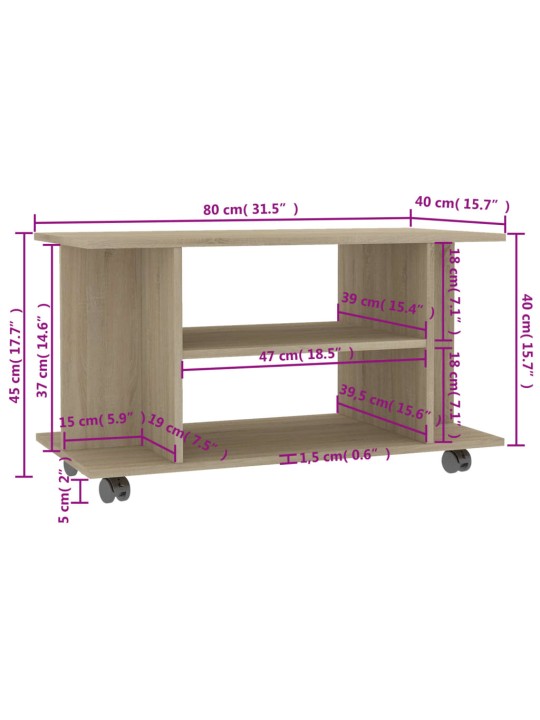 TV-taso rullapyörillä Sonoma tammi 80x40x45 cm tekninen puu
