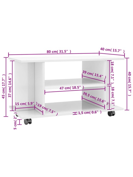 TV-taso rullapyörillä korkeakiilto valk. 80x40x45 cm
