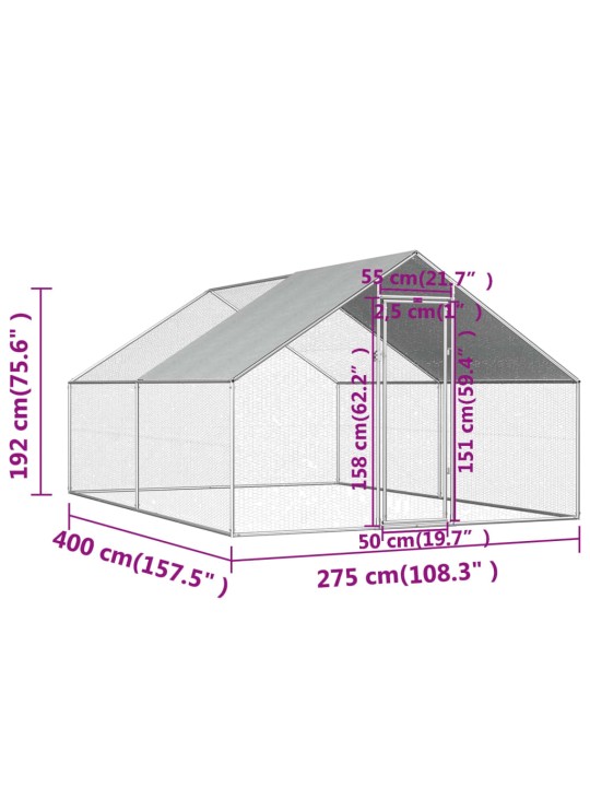 Ulkotilan kanahäkki galvanoitu teräs 2,75x4x1,92 m