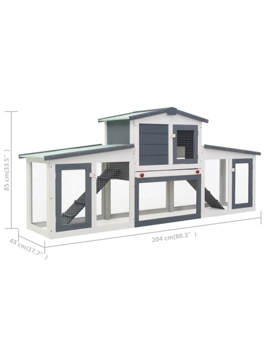 Suuri kanin ulkokoppi harmaa ja valkoinen 204x45x85 cm puu