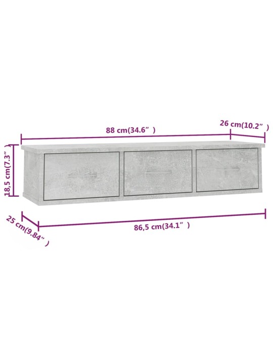 Seinälaatikkohylly betoninharmaa 88x26x18,5 cm lastulevy