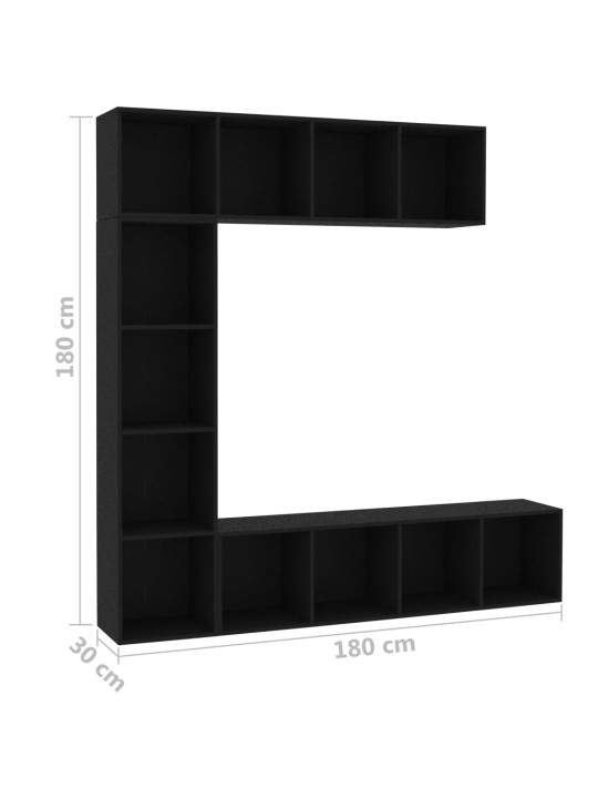 3-osainen kirjahylly/TV-kaappisarja musta 180x30x180 cm