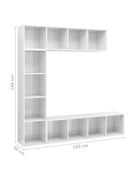 3-osainen kirjahylly/TV-kaappisarja valkoinen 180x30x180 cm