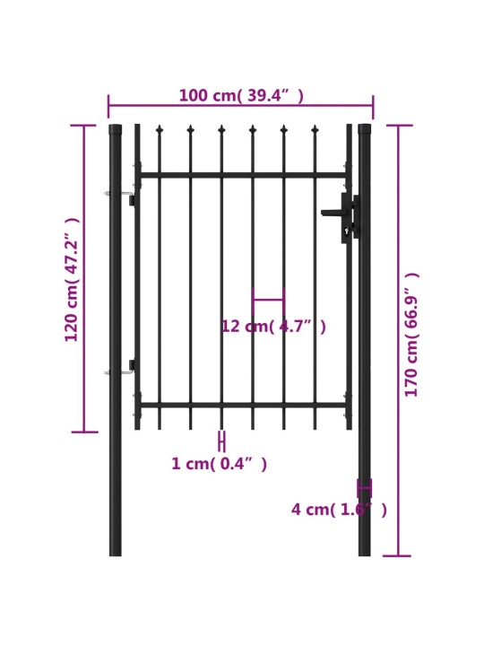 Puutarhaportti yksi ovi piikkikärjillä teräs 1x1,2 m musta