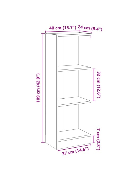 3-tasoinen kirjahylly harmaa 40x24x109 cm tekninen puu