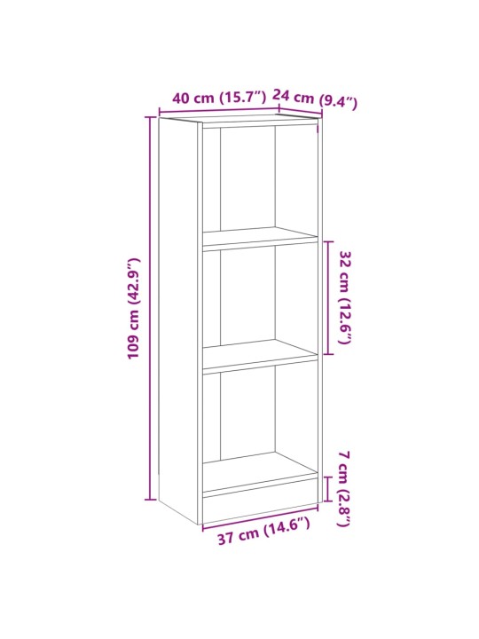 3-tasoinen kirjahylly korkeak. valk 40x24x109 cm tekninen puu