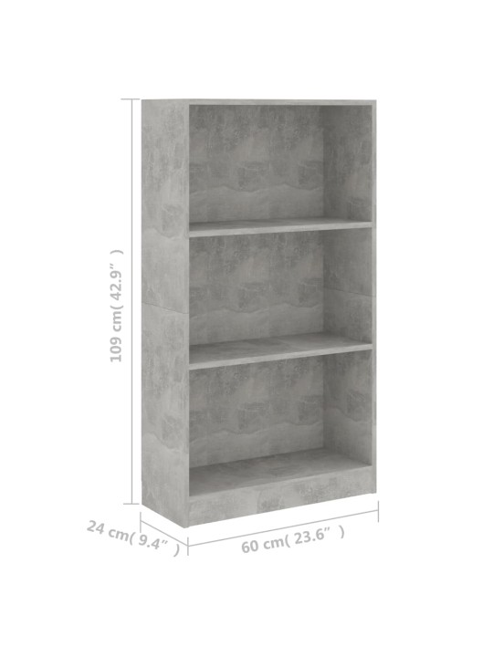 3-tasoinen kirjahylly betoninharmaa 60x24x109 cm tekninen puu