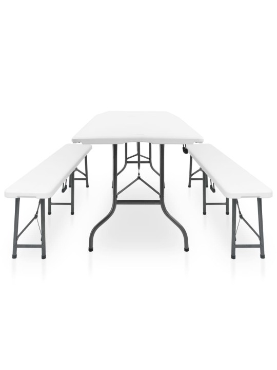 Kokoontaittuva ulkopöytä 2 penkkiä 180cm teräs & hdpe valkoinen