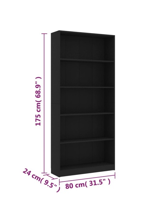 5-tasoinen kirjahylly musta 80x24x175 cm lastulevy