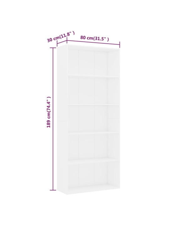 5-tasoinen kirjahylly valkoinen 80x30x189 cm lastulevy
