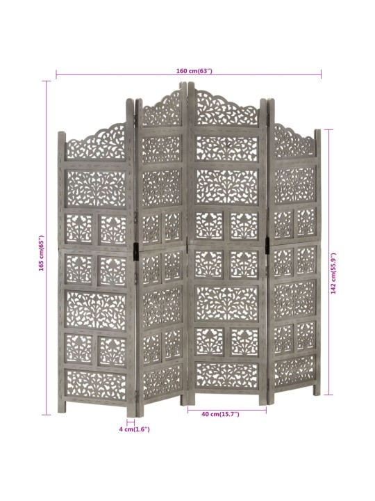 4-paneelinen tilanjakaja harmaa 160x165 cm täysi mangopuu