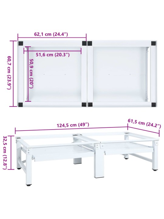 Pesukoneen ja kuivausrummun korokejalusta hyllyillä valkoinen