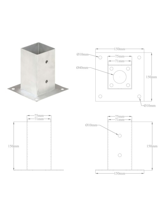 Aitatolpan jalat 4 kpl galvanoitua metallia 71 mm