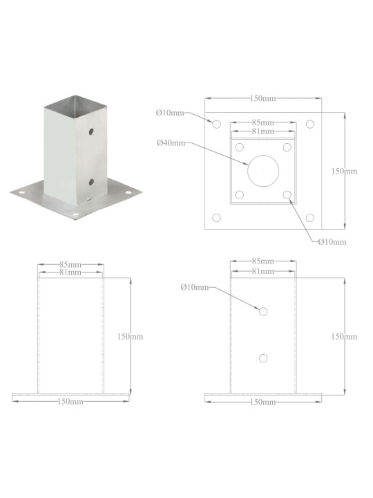 Aitatolpan jalat 4 kpl galvanoitua metallia 81 mm