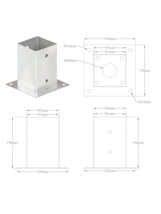 Aitatolpan jalat 4 kpl galvanoitua metallia 91 mm