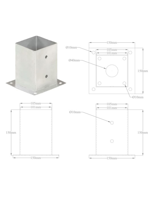 Aitatolpan jalat 4 kpl galvanoitua metallia 101 mm